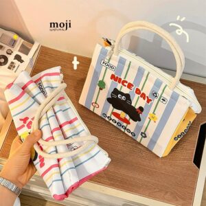 Túi đựng cơm giữ nhiệt Black cat nice day nền kẻ sọc