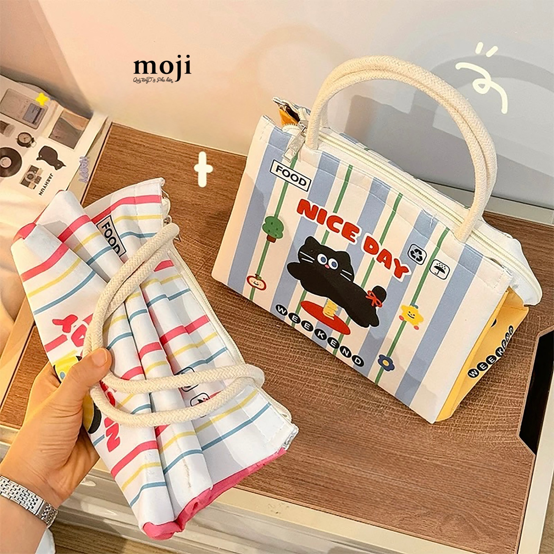 Túi đựng cơm giữ nhiệt Black cat nice day nền kẻ sọc