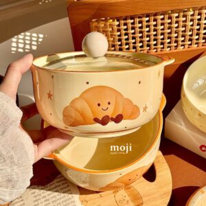 Chén bát gốm sứ kèm nắp thủy tinh Happy croissant có chân nền sao chấm tròn