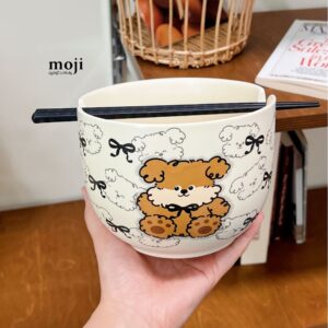Chén bát gốm sứ Cute dog cún lông xù đeo nơ gác đũa