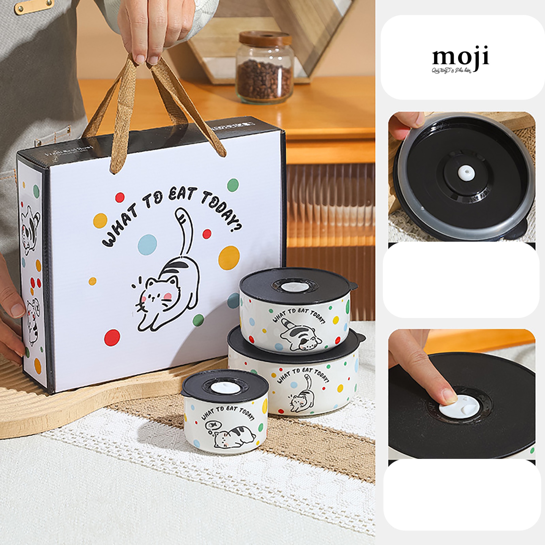 Hộp cơm gốm sứ Cute cat lazy coloful kèm hộp