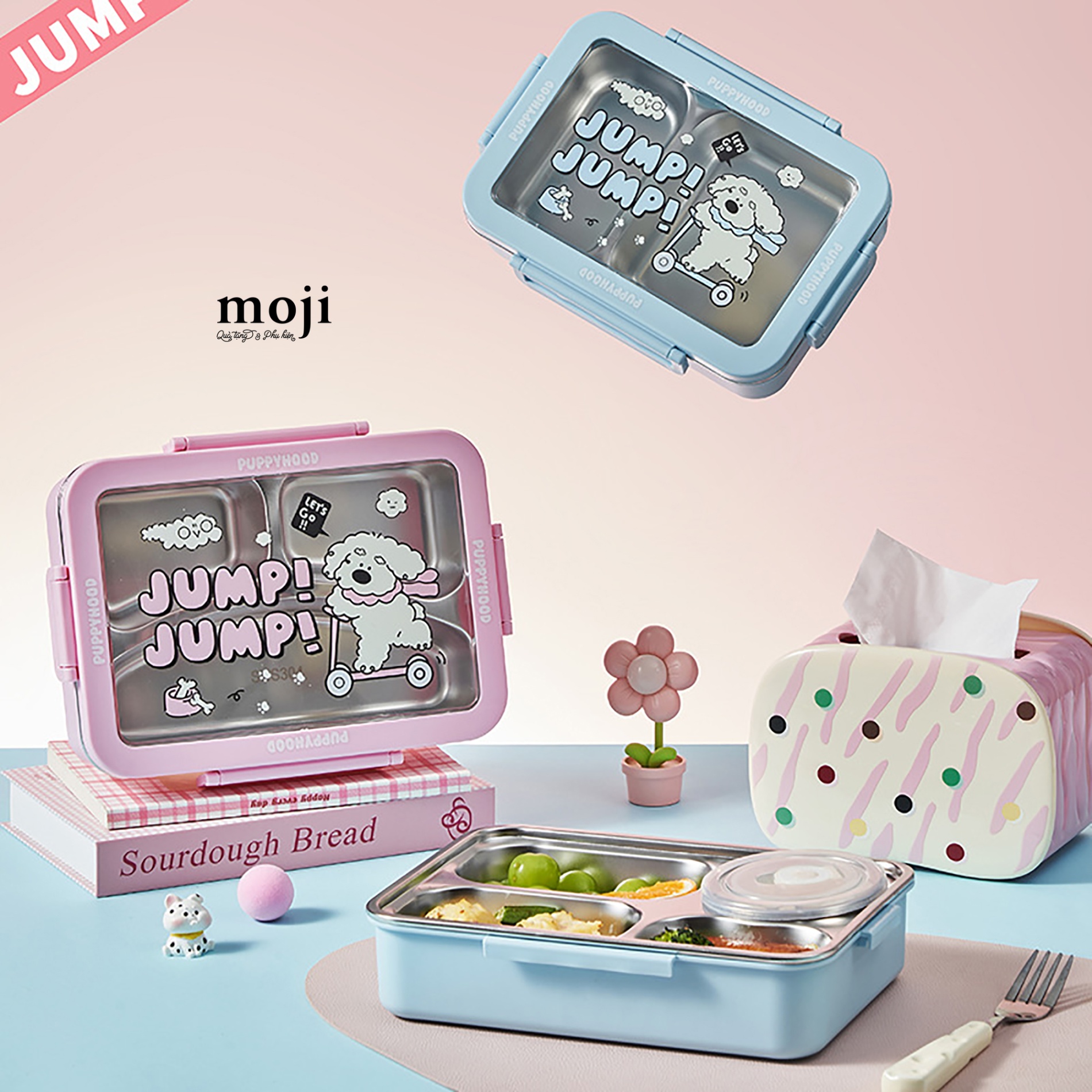 Hộp cơm inox Cute dog ride scooter 4 ngăn
